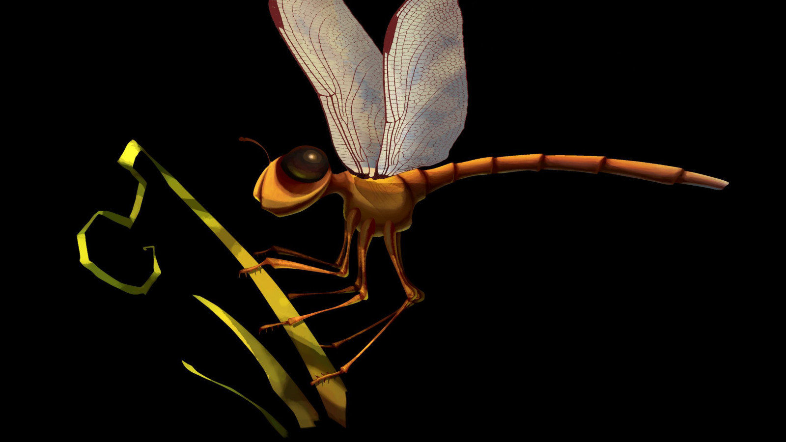 A stylized insect with large, translucent wings and a yellow-orange body perches on a green blade of grass. The background is black, emphasizing the vibrant colors and details of the insect and its surroundings.