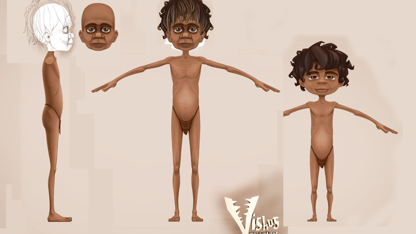 A stylized character design is presented from multiple angles, showcasing a naked humanoid figure with a slightly exaggerated physique. The character has distinct facial features, two different hairstyles displayed, and is depicted in a neutral pose with arms extended. The backdrop is a muted color, enhancing the focus on the character sketch.