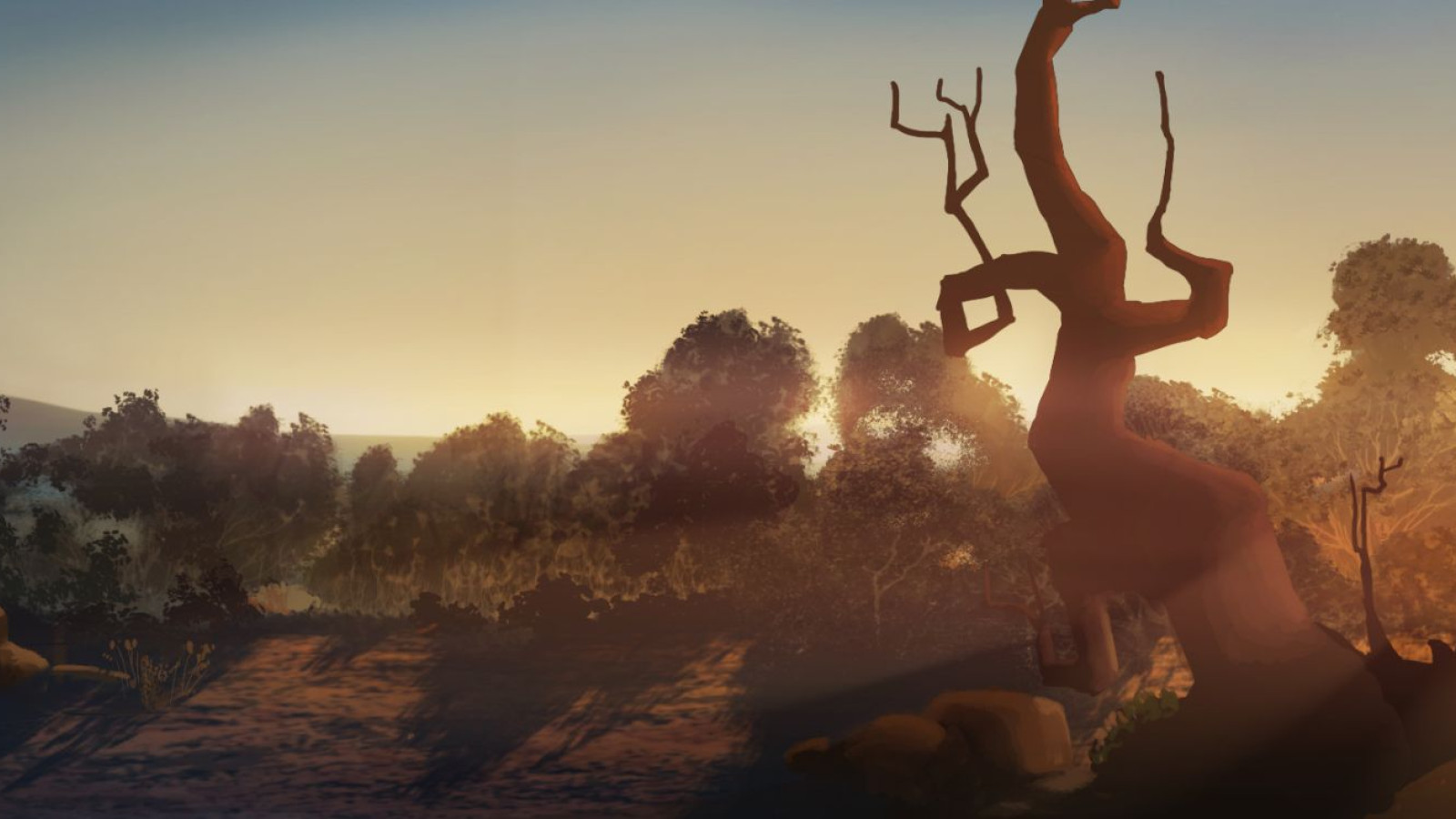A stunning landscape at sunset showcases silhouetted trees and foliage amidst a fading light. The horizon features gentle hills and a clear sky transitioning from warm oranges to cooler blues, with birds flying in the distance.