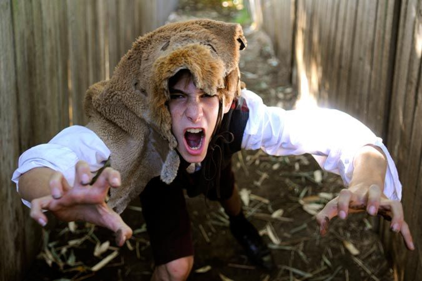 A young person dressed in a brown animal hide hood stands in a narrow pathway between wooden fences, with an exaggerated, fierce expression and outstretched hands, mimicking a wild animal. The setting appears rustic, with glimpses of greenery and scattered debris on the ground.