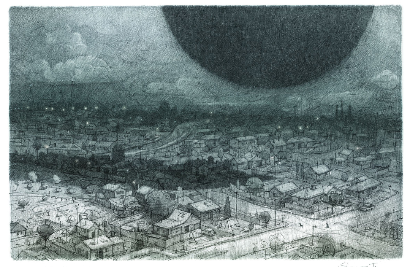 A monochromatic landscape depicts a town under a darkened sky, where a large shadow looms overhead, suggesting an eclipse or a natural phenomenon. The scene features residential houses and trees, with small lights scattered throughout, creating a sense of quiet unease.