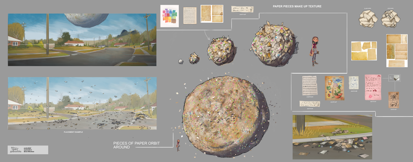 A surreal illustration features a suburban street scene with large paper-like spheres floating above and around. One sphere, textured with multicolored paper fragments, dominates the center, while various smaller pieces orbit it. The background depicts a quiet neighborhood with houses and trees, and the sides include sketches and notes related to the artwork's design.