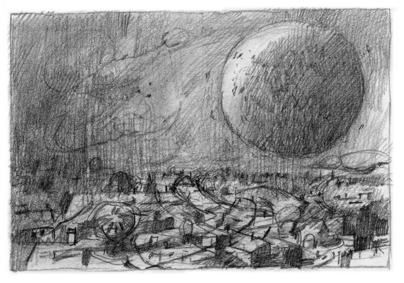 A vast, shadowy landscape features abstract structures and winding paths, evoking an otherworldly atmosphere. In the background, a large celestial body looms, casting a mysterious light over the scene.