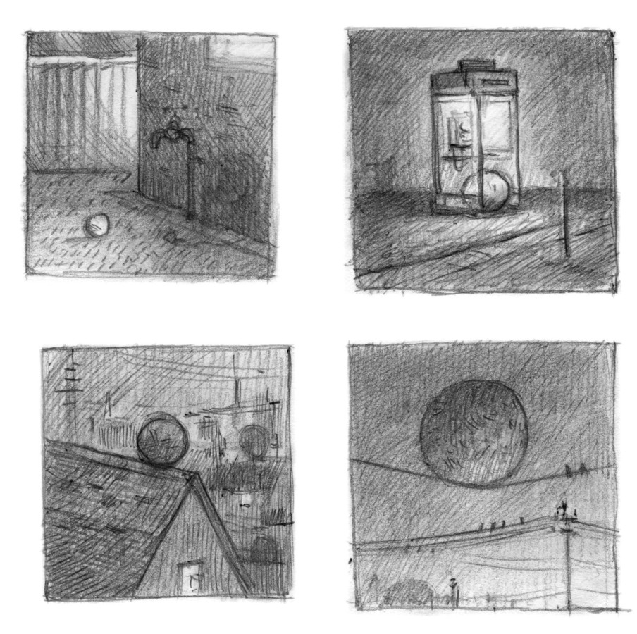 Four sketch-style panels depict various scenes. The top left shows a ball resting on a textured floor near a faucet. The top right features a phone booth illuminated in dim light. In the bottom left, a circular object sits atop a roof, with distant structures visible. The bottom right displays a large moon or celestial body in the night sky, with silhouettes of figures perched on power lines below.