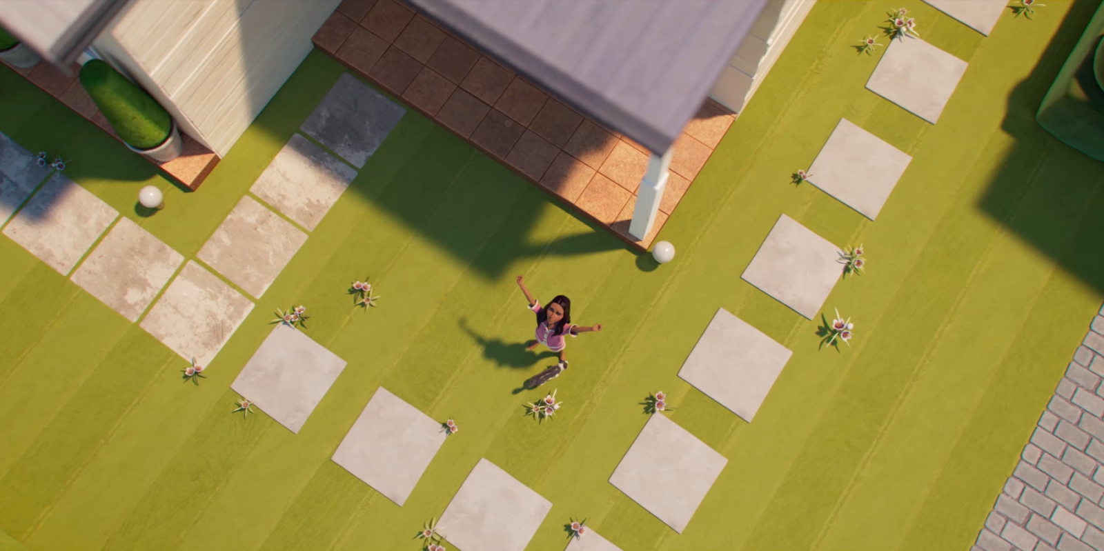 A young girl with dark hair stands in a vibrant green yard, spreading her arms joyfully. She is surrounded by flower beds and stone stepping stones leading towards a house, with a lightstone pathway and a white spherical decoration nearby.