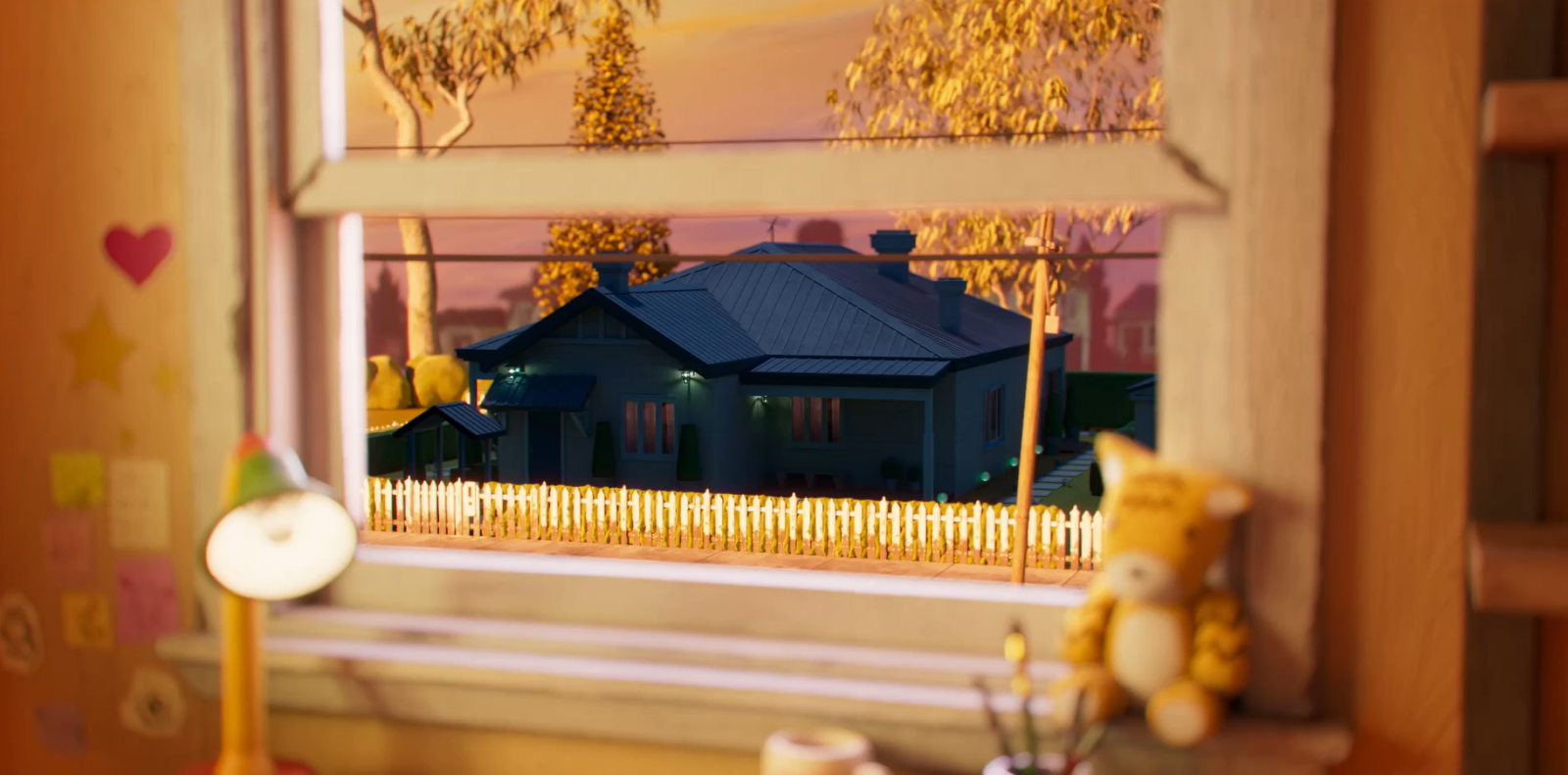 Through a window, a cozy house is visible, framed by trees and a white picket fence. The scene is illuminated by a warm sunset glow, enhancing the tranquil atmosphere inside the room. A small yellow teddy bear sits on a nearby surface, adding a touch of whimsy to the view.