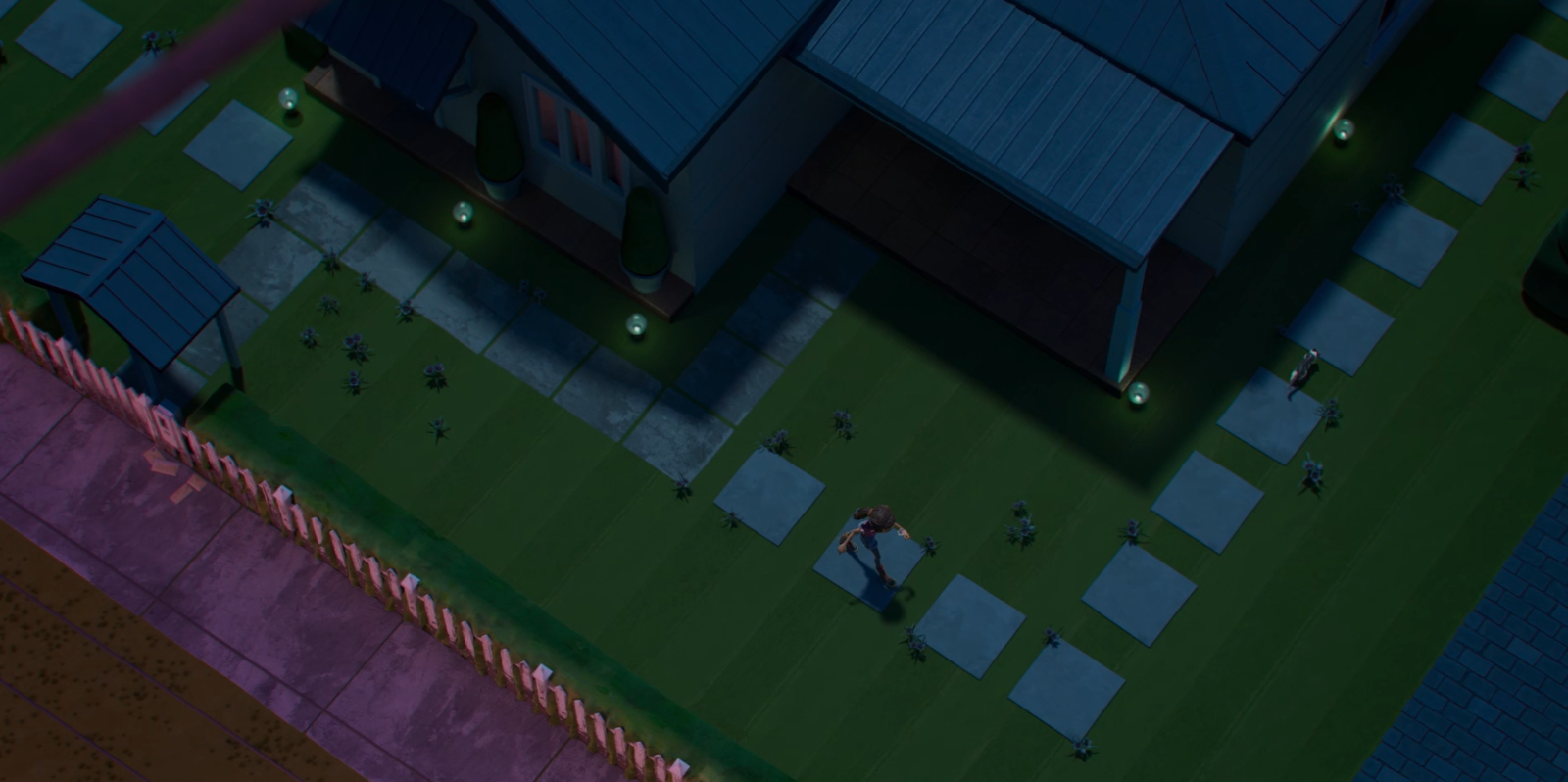 Aerial view of a suburban house with a neatly manicured lawn, featuring stone pathways leading towards the entrance. LED lights line the pathways, illuminating the area, while a character appears to be walking on the grass. A wooden gazebo is visible on the left, and a white picket fence borders the property.