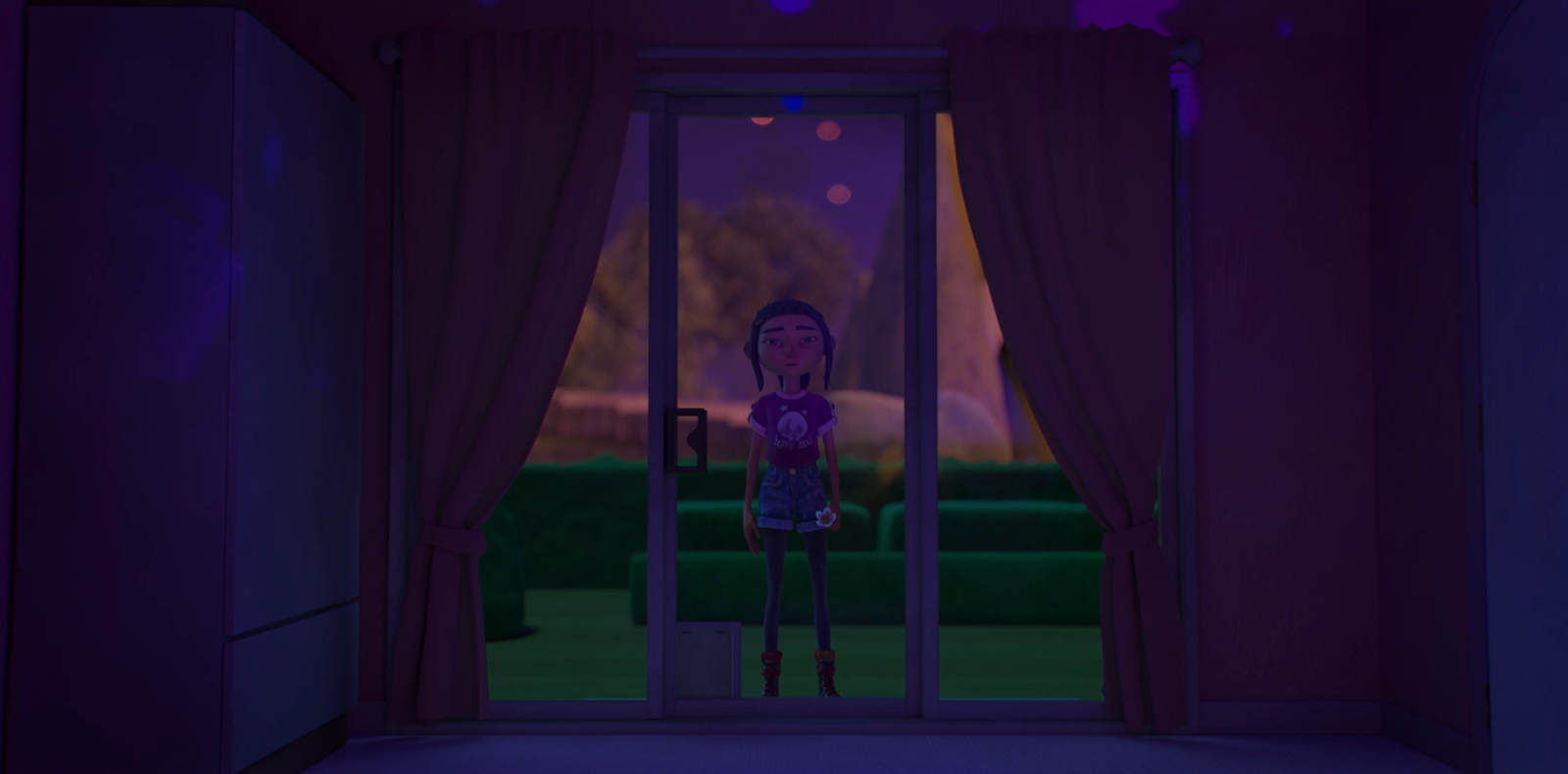 A young person stands at a sliding glass door with curtains drawn, looking outside into a softly lit garden. The scene is illuminated by ambient lighting, creating a mysterious atmosphere.