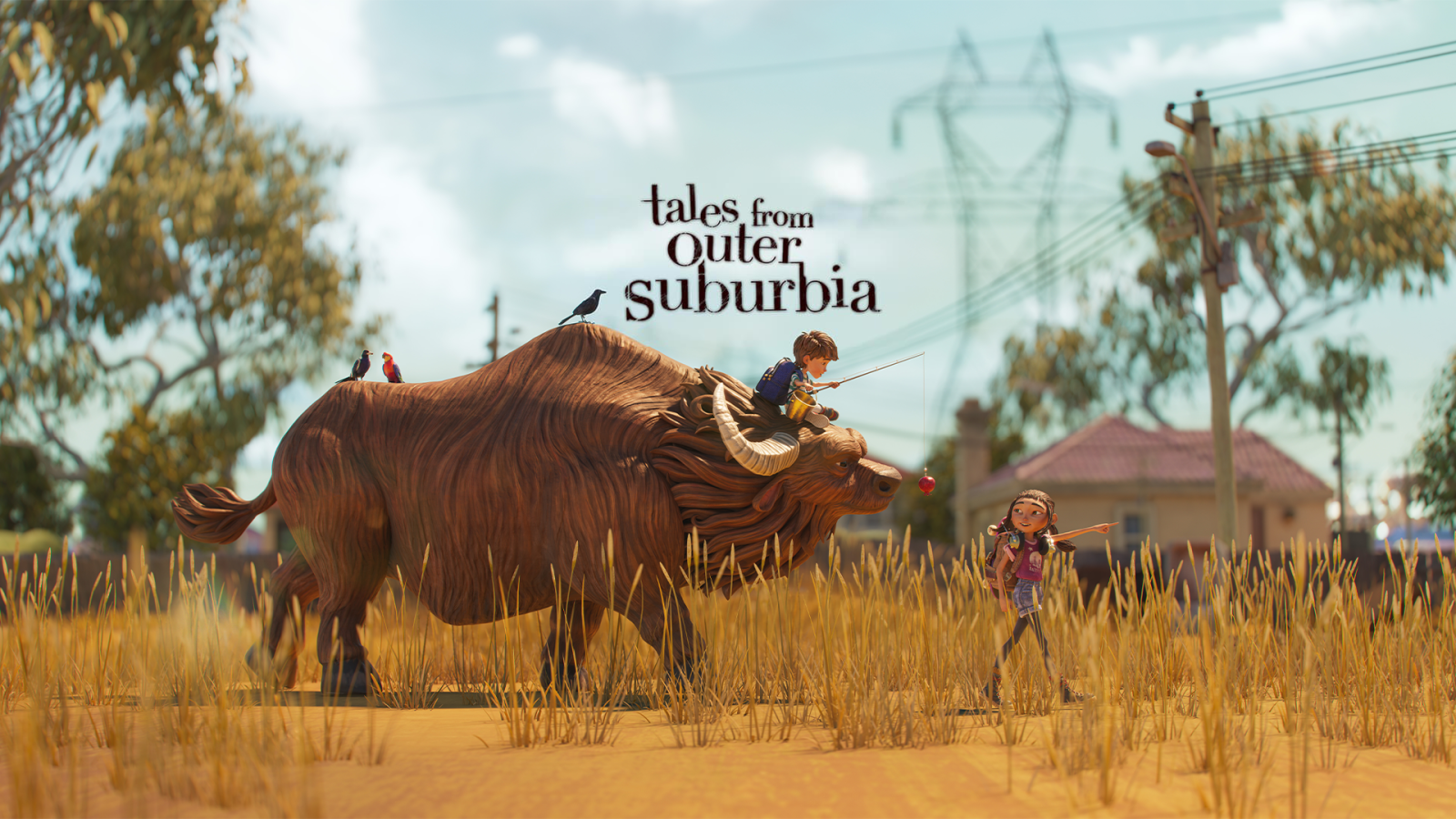 A young boy sits on the back of a large, shaggy creature as he holds a fishing rod, while a girl stands nearby, pointing excitedly. Small birds perch on the creature and the surrounding landscape features tall grasses and distant trees, with power lines visible in the background. The title "Tales from Outer Suburbia" is prominently displayed at the top.