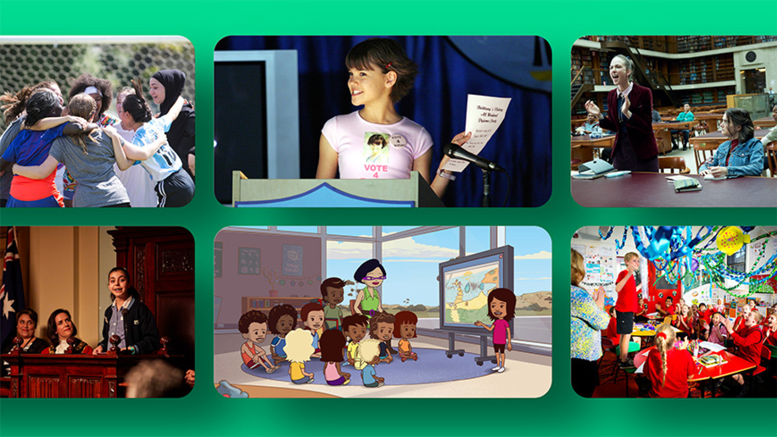 Civics And Citizenship Curated Clip Collection V1 870x489px A grid featuring diverse scenes: young people joyfully celebrating, a girl speaking at a podium with a "VOTE" shirt, a person passionately presenting in a library, a young speaker at a legislative session, animated children gathered for a lesson, and a vibrant classroom filled with students engaging in activities and decorations.