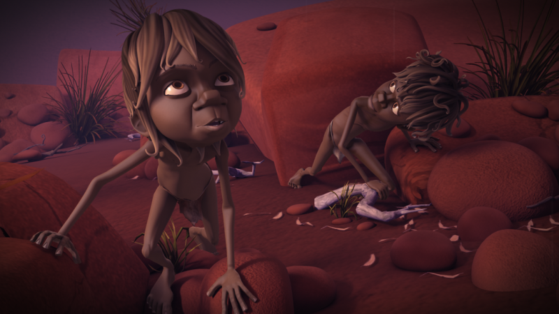 Two animated, primitive-looking children are amid a rocky, arid landscape, with reddish-brown stones and sparse vegetation. One child is crouching while looking upward, and the other is in a backward position, both displaying a sense of curiosity or concern.