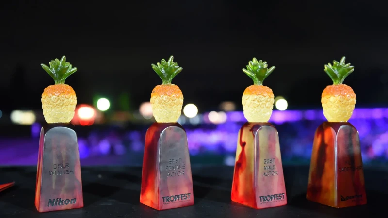 Four colorful trophies with pineapple-shaped toppers sit on a dark surface, each inscribed with awards like "DSLR Winner," "Best Female Actor," and "Best Male Actor," alongside the event name "Tropfest." The blurred background features soft lights, suggesting an evening or nighttime atmosphere.
