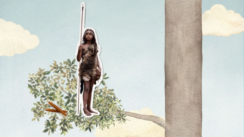 A child dressed in a fur garment stands confidently on a tree branch, holding a spear. The background features a light blue sky with fluffy white clouds and stylized green leaves, creating a whimsical atmosphere.