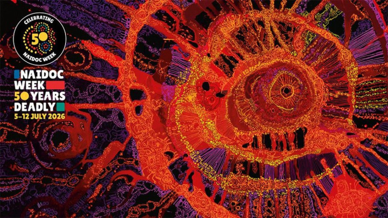 A vibrant and intricate design featuring swirling patterns in shades of red, orange, and purple. Text in the foreground announces "NAIDOC Week," celebrating 50 years, with dates listed as July 5-12, 2026, alongside colorful accents.