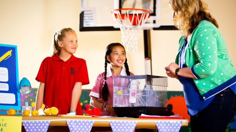Two young girls stand behind a table displaying a science project, smiling as they interact with an adult. The girls wear red shirts, and one has braids while the other sports a wavy hairstyle. A small cage containing a white animal is on the table, accompanied by lemons and other supplies. A bright blue poster is displayed nearby, and colorful bunting decorates the table. In the background, a basketball hoop is visible, indicating the setting is a gym or school environment.