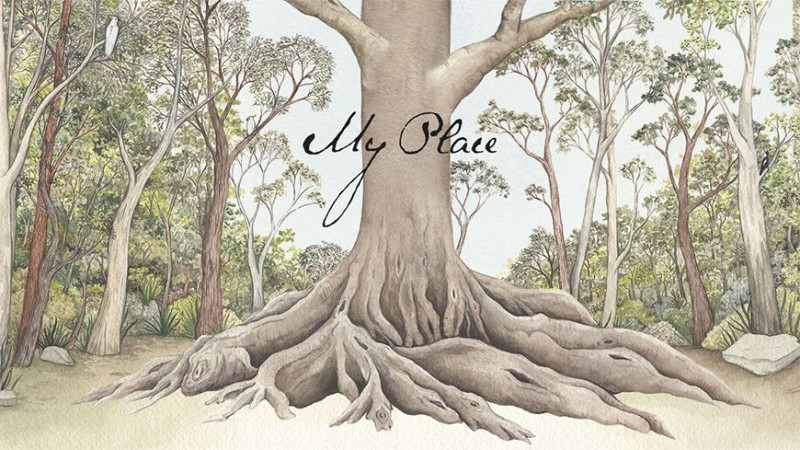 A large tree dominates the foreground, its thick roots sprawling across the ground. Surrounding it are various trees and foliage, creating a serene natural environment. The words “My Place” are elegantly scripted across the top.