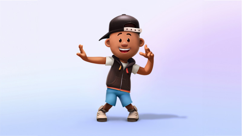 A cheerful, cartoon-style boy stands in a playful pose with one hand raised and the other at his side. He wears a black cap backwards, a sleeveless black jacket, blue shorts, and sneakers, showcasing a fun and lively demeanor against a light gradient background.