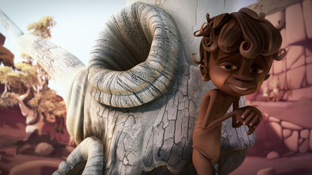 Wadu Matyidi 6 A playful cartoon child with curly hair stands next to a large, textured, horn-like structure against a backdrop of rocky terrain and sparse trees. The child appears to be grinning mischievously while leaning slightly forward.