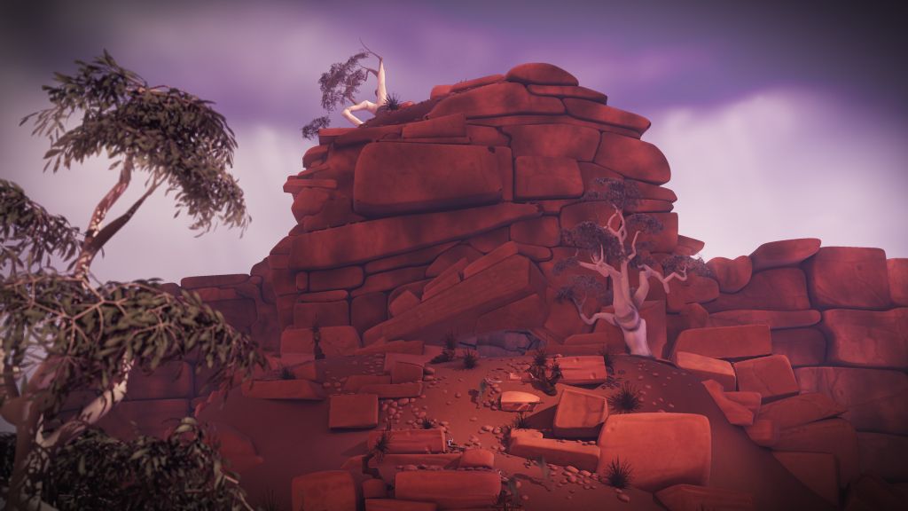 A rocky, red-brown outcrop rises sharply amidst a muted, cloudy sky. Sparse vegetation and twisted trees are scattered across the landscape, giving the scene an otherworldly feel.
