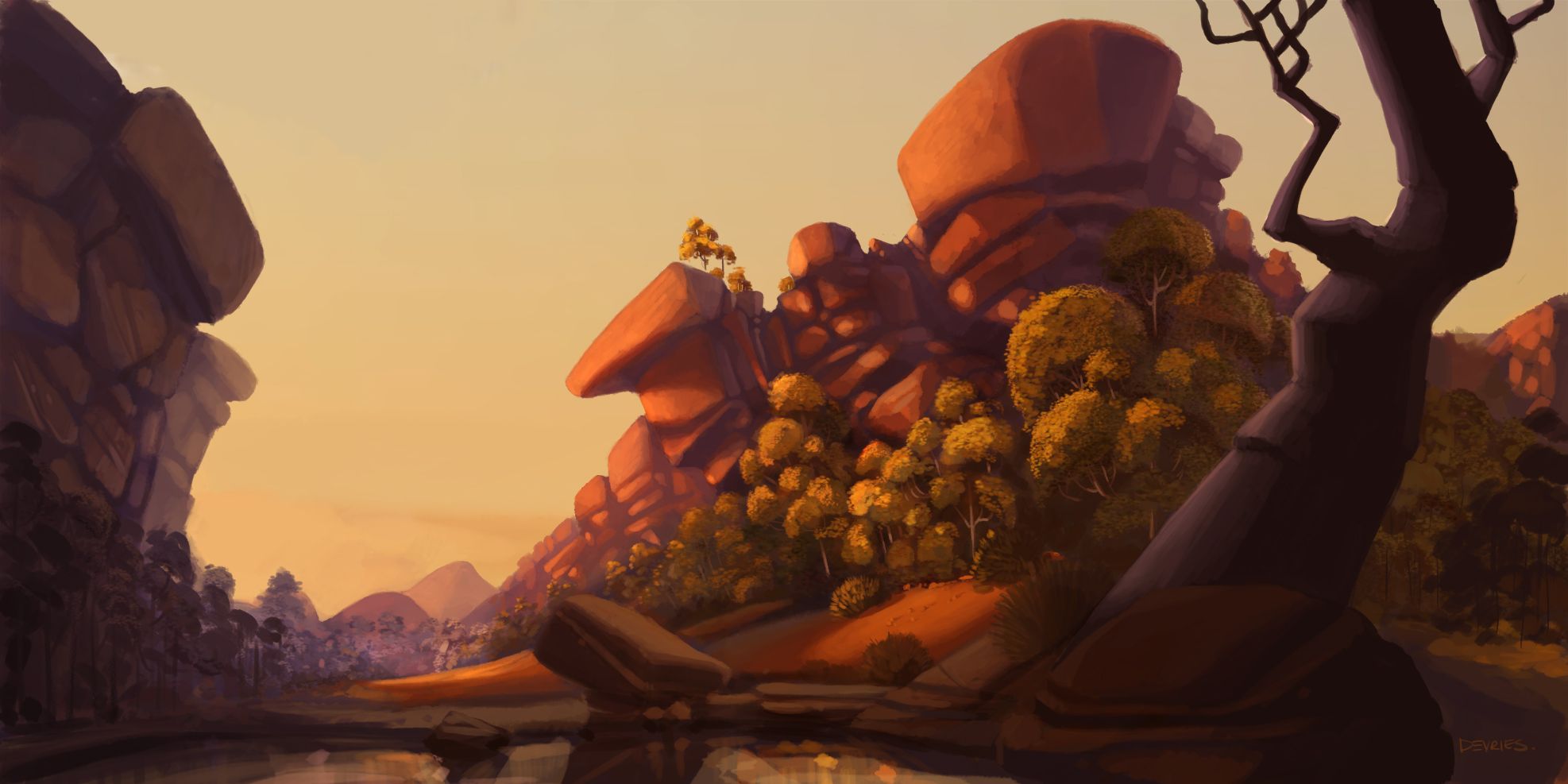 A serene landscape features towering, rounded rock formations bathed in warm hues of orange and yellow, indicative of either dawn or dusk. Lush trees are interspersed among the rocks, with a calm body of water reflecting the vibrant colors and natural beauty.