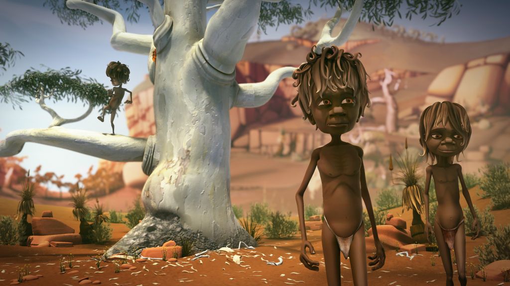 Wadu Matyidi_1 Three stylized animated characters with distinct hairstyles stand in a dry, desert-like landscape featuring a large, leafless tree. One character is perched in the tree, while the other two are on the ground, surrounded by sparse vegetation and rocky outcrops in the background.