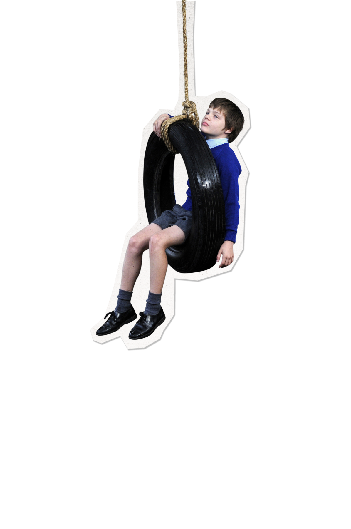 1978_Mike_3 A young boy wearing a blue sweater sits inside a tire swing, hanging from a rope. He appears contemplative, with one hand gripping the tire and his legs dangling, wearing shorts and black shoes. The background is plain and minimalistic.