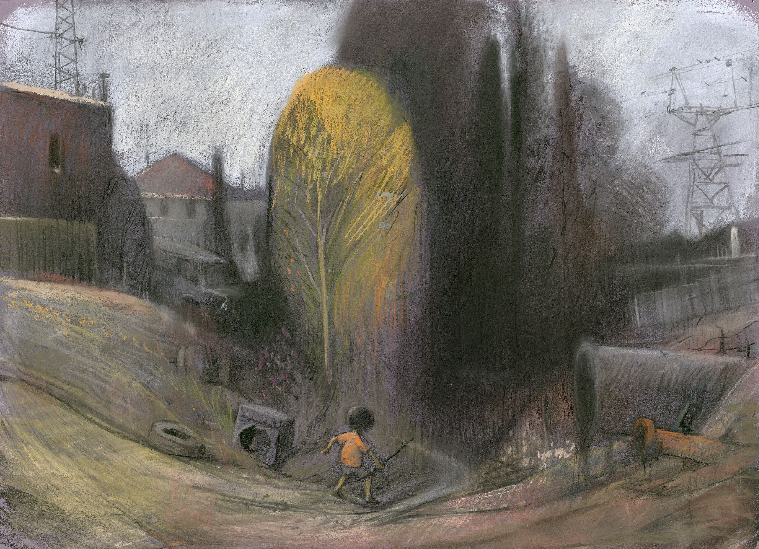 A child in an orange shirt stands in a desolate landscape, holding a stick. Nearby, a vibrant yellow tree contrasts with the muted background of buildings and power lines, evoking a sense of solitude amidst urban decay.