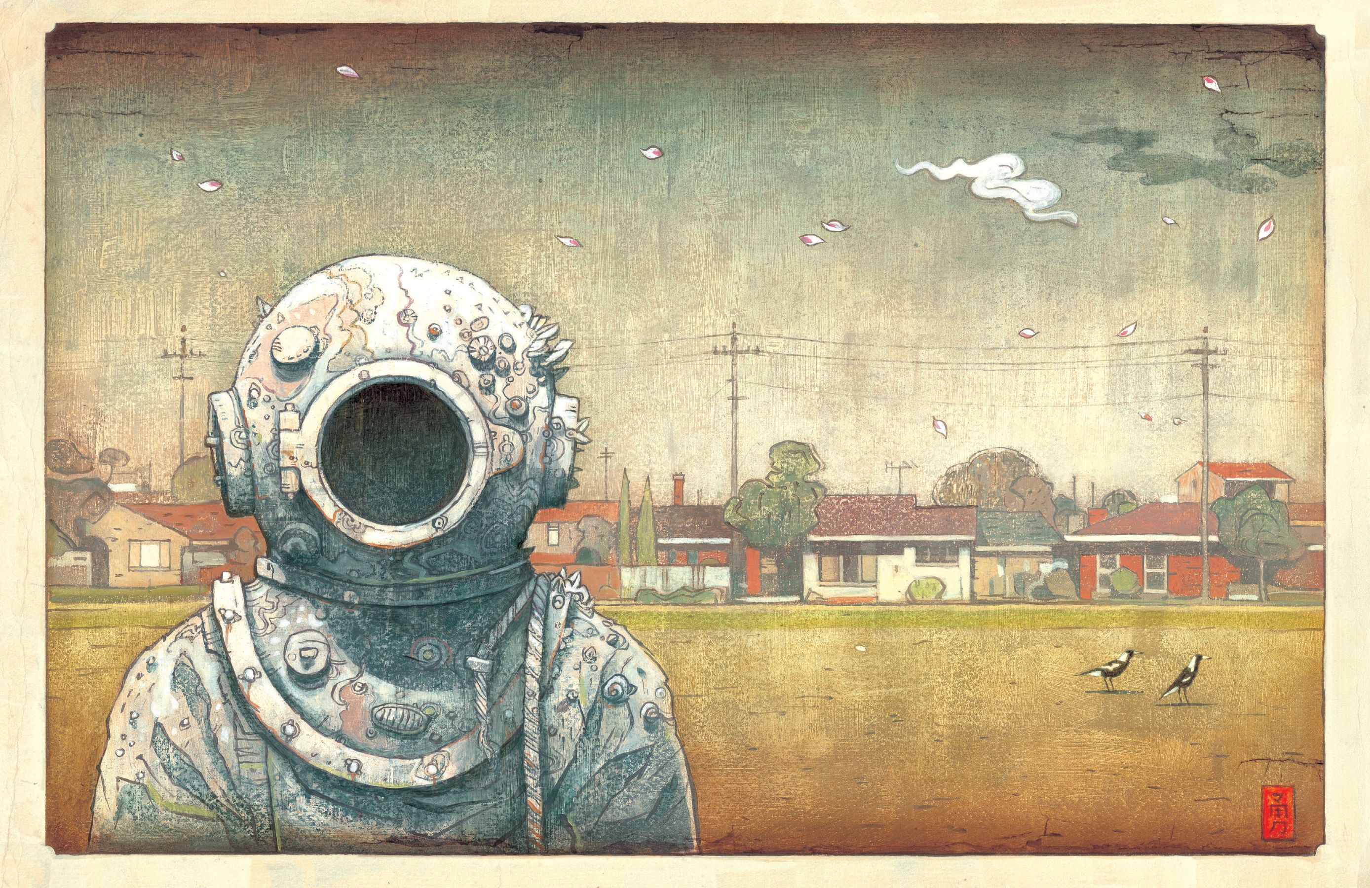 A vintage-style illustration features a diver in an antique diving suit, standing on a grassy field. In the background, a quiet suburban scene shows neatly arranged houses and trees, with a few birds walking nearby and delicate flowers drifting in the breeze.