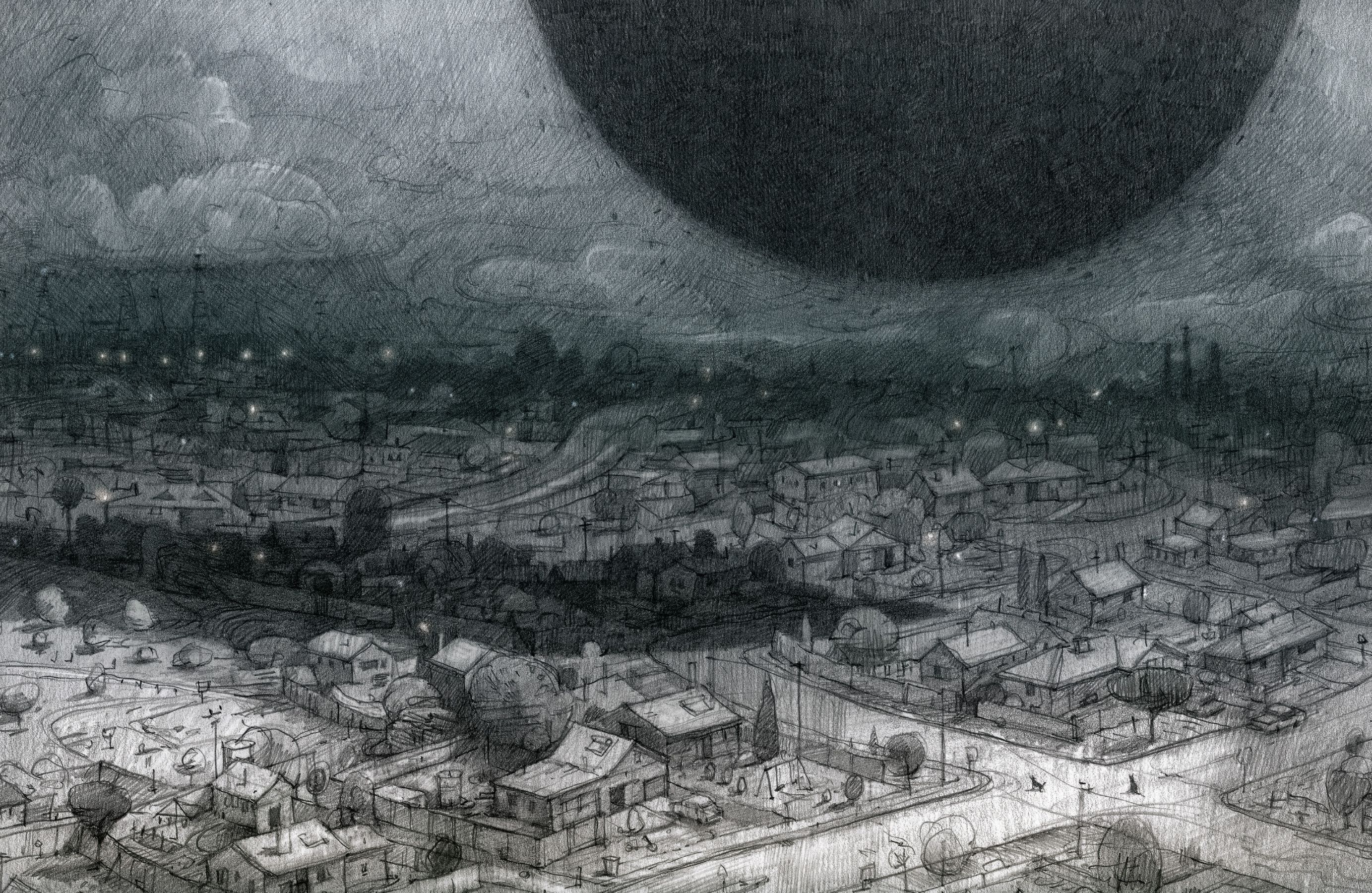 A dark, shadowy figure looms over a quiet suburban neighborhood, creating an ominous atmosphere. The scene is rendered in various shades of gray, with detailed houses, trees, and street lights partially obscured by the shadow, suggesting a sense of unease and foreboding.