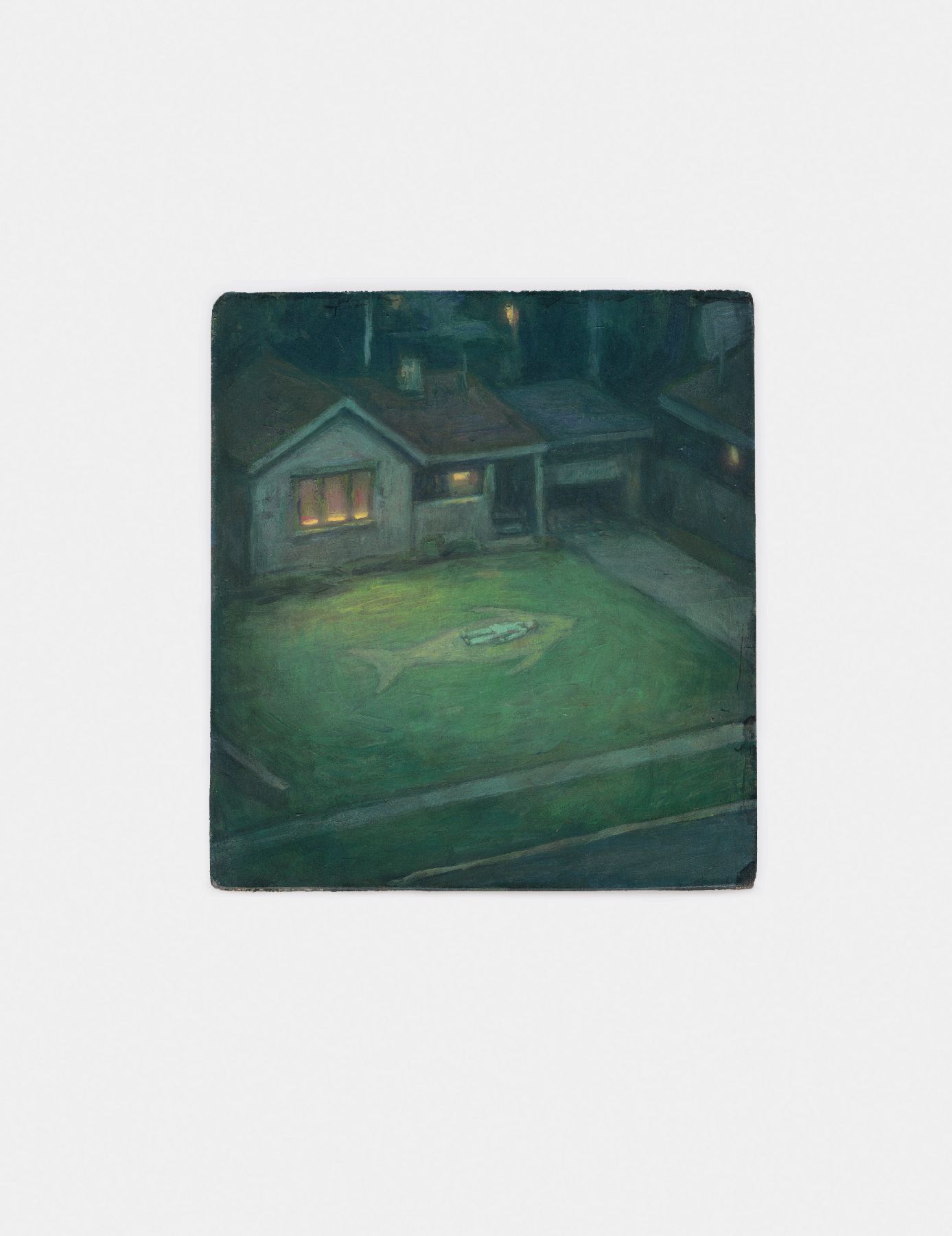 A dimly lit scene shows a small house with glowing windows, surrounded by a lawn. A figure resembling a fish is faintly visible on the grass, while the surrounding area is shrouded in dark tones, indicating evening or nighttime.