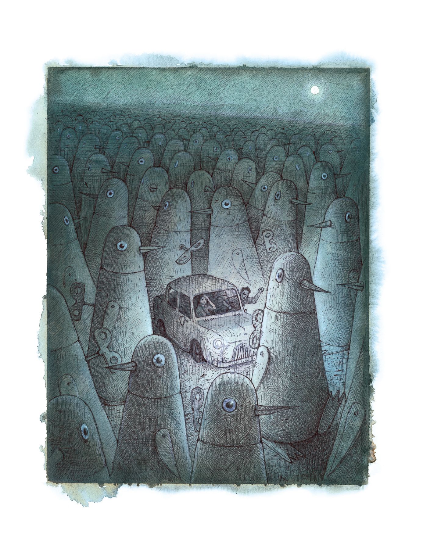 A vintage car is surrounded by numerous large, cartoonish bird-like figures in a muted color palette. The figures have round eyes and simplistic features, while the scene conveys a sense of surrealism and whimsy.