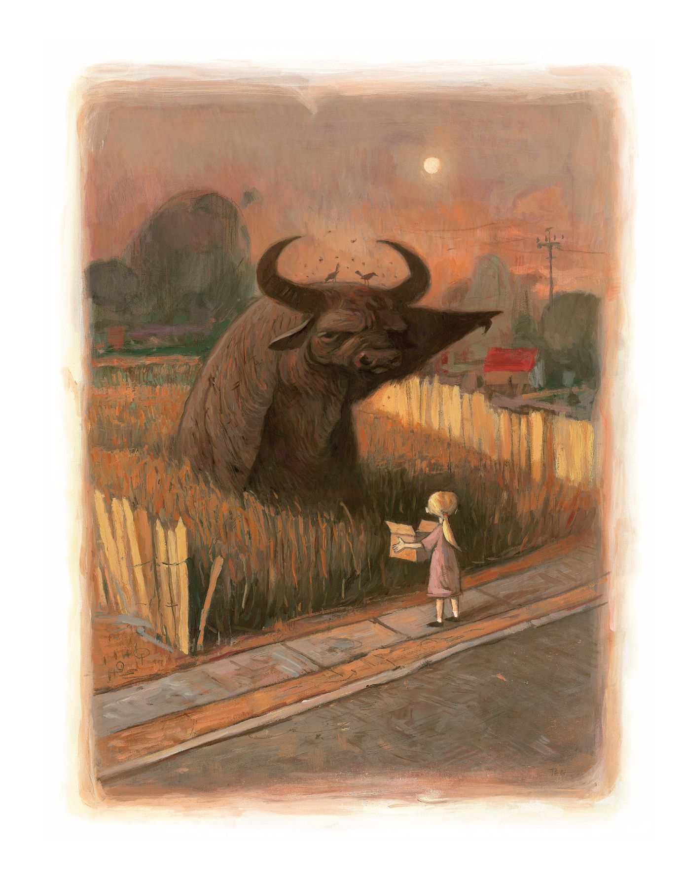 A large, stylized bull looms over a girl standing on a sidewalk, holding a box. The scene is set against a dusk sky, with fading light illuminating fields and distant houses, creating a surreal and whimsical atmosphere.