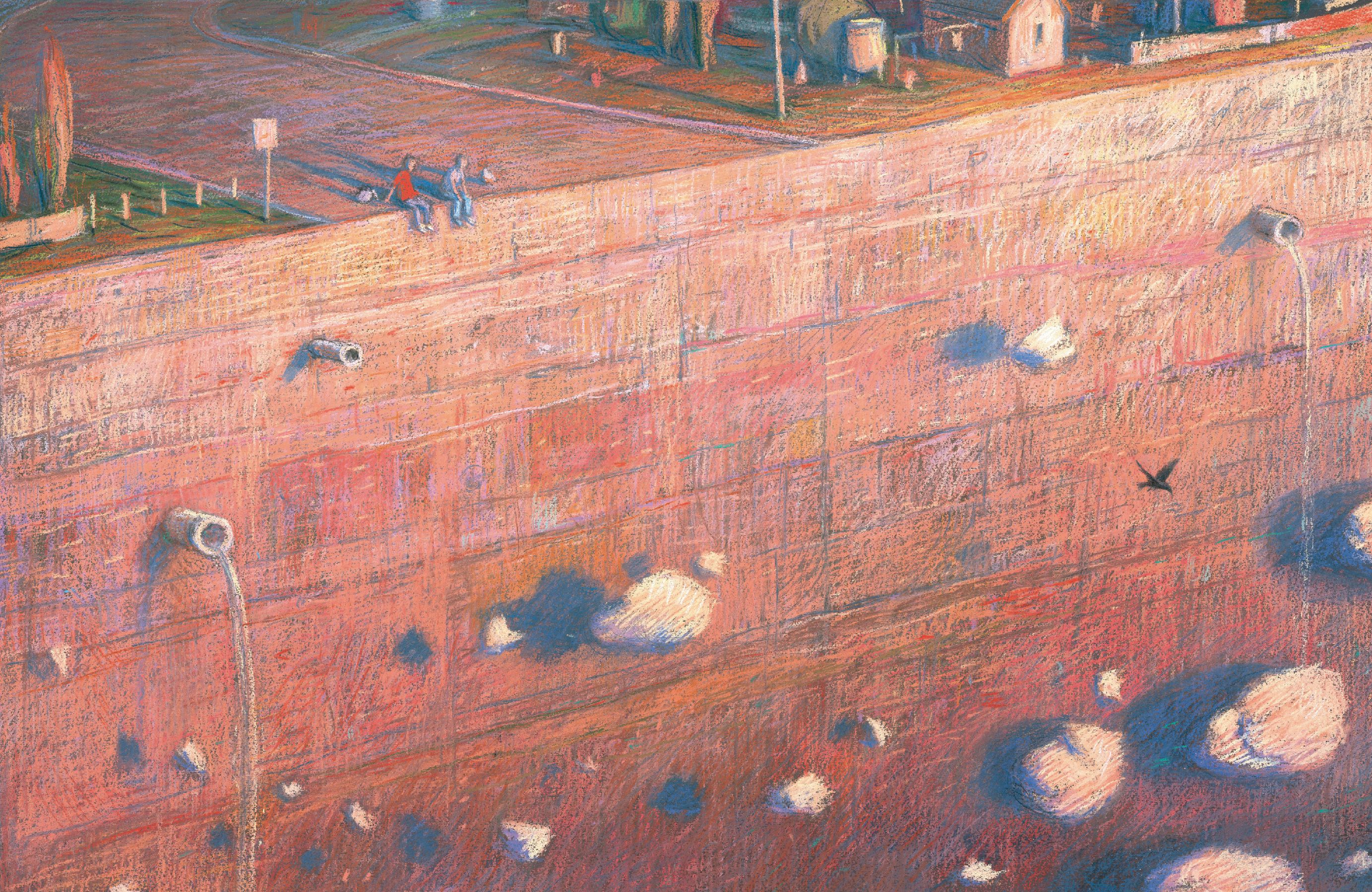 Two figures, one in red and the other in blue, sit on a ledge overlooking a vast expanse below, which features irregular shadows resembling clouds. Pipes jut out from the ledge, releasing water that creates ripples in the colorful surface below. The scene is set against a backdrop of a small town with distant buildings and trees.