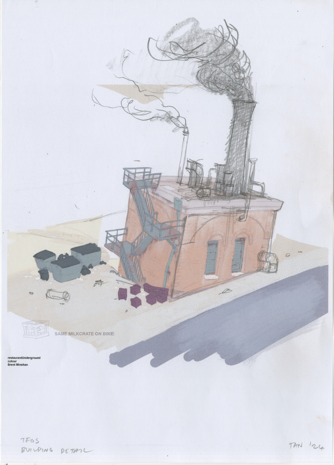 A sketch of a small industrial building with a brick exterior and blue windows. The roof features smoke stacks emitting dark smoke, and a fire escape staircase is visible on one side. Various trash bins are scattered nearby, with a road running along the front. The scene appears to be set in a desolate area.