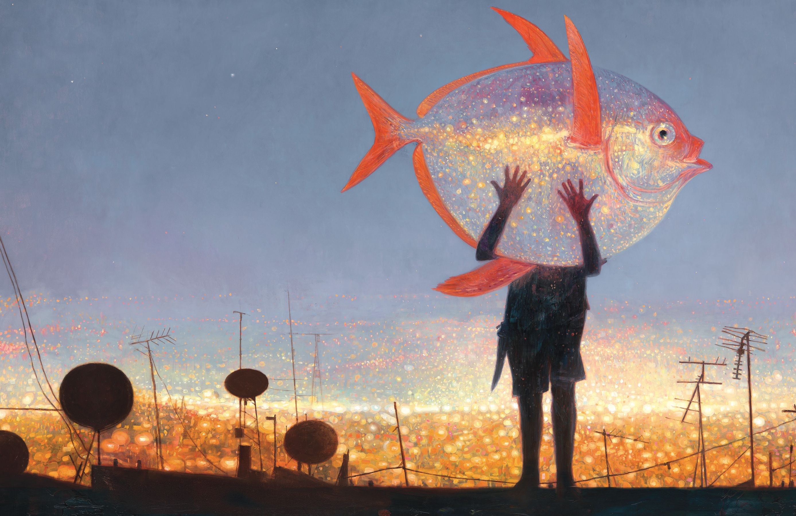 A silhouette of a child stands against a colorful sunset, holding a large, glittering fish above their head. The background features antennas and rooftops, with a soft glow illuminating the scene from the horizon.