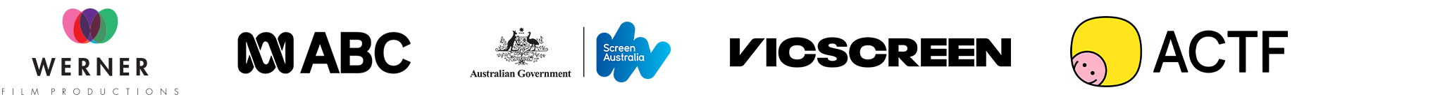 Logos from various organizations are displayed in a horizontal line, including Werner Film Productions, ABC, the Australian Government, Screen Australia, Vicscreen, and ACTF. Each logo features distinct colors and designs, showcasing a mix of corporate branding and creative elements.
