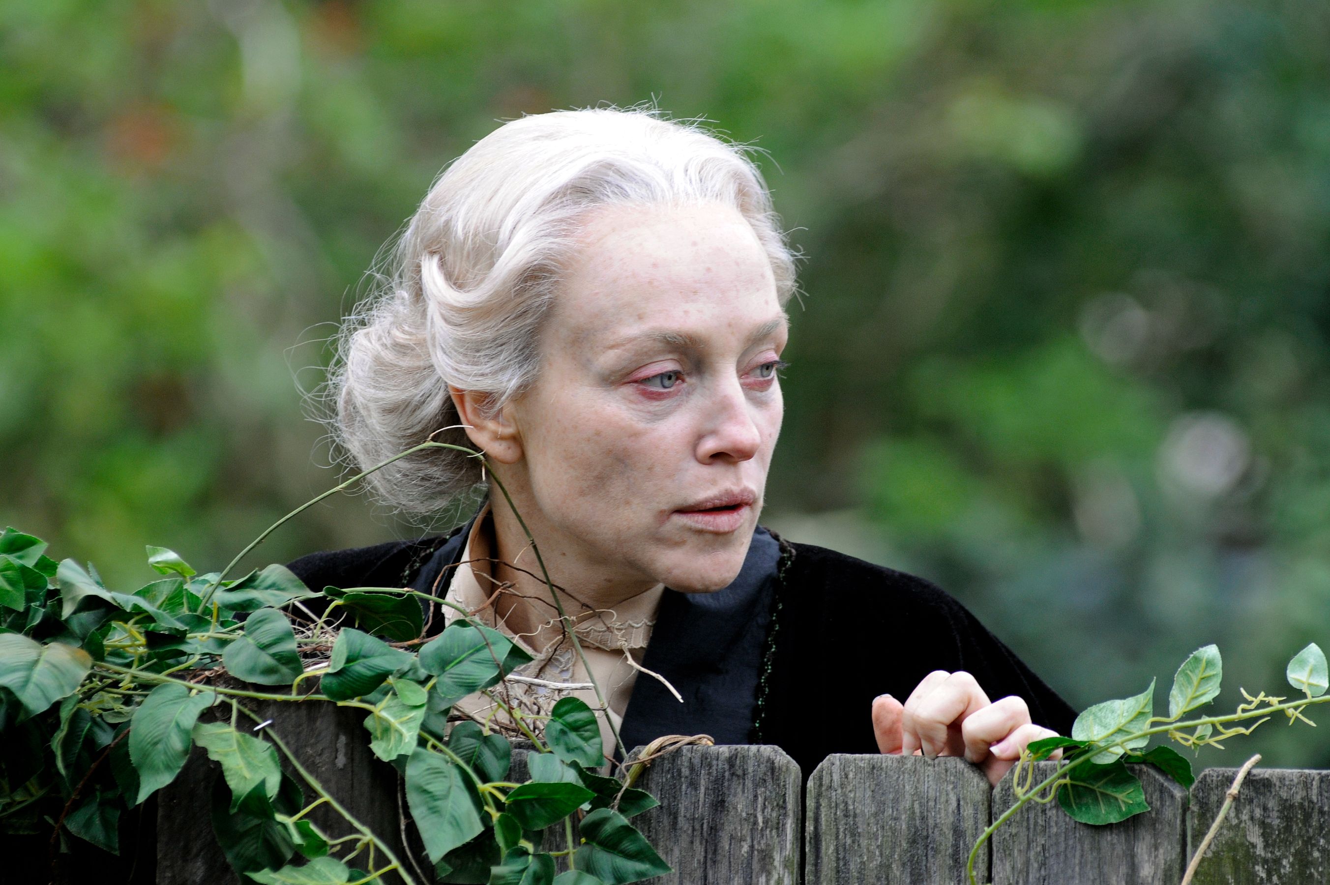 A woman with pale skin and silver hair peers over a wooden fence, surrounded by green ivy. Her expression is serious and contemplative, suggesting a moment of curiosity or concern.