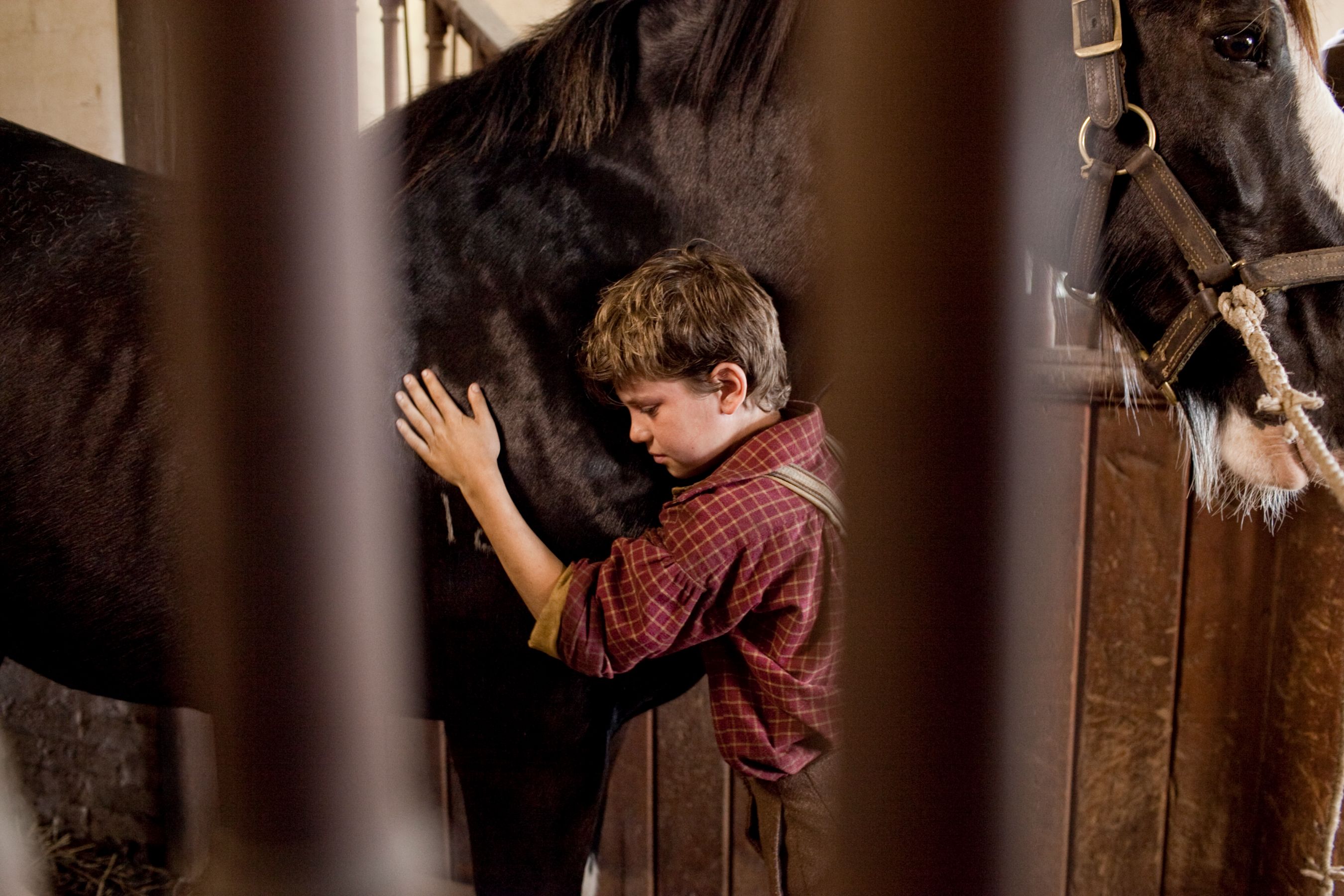 A young boy leans against the side of a black horse, resting his head on the animal's body with his eyes closed, conveying a sense of comfort and connection. Soft light filters through wooden stalls, creating a warm and intimate atmosphere.