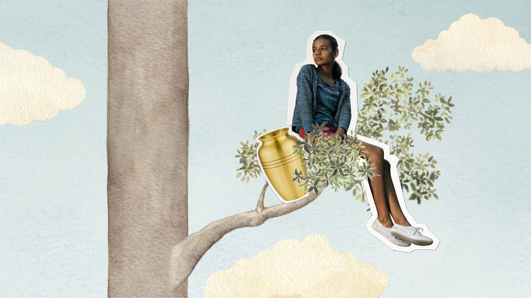 A young woman sits on a branch of a stylized tree, surrounded by leaves and clouds. She is wearing a blue top and red shorts, and beside her is a golden urn, adding a whimsical touch to the scene.