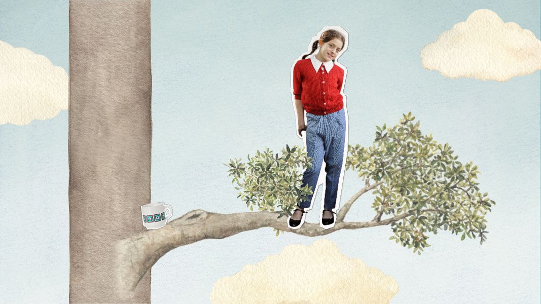 A girl stands on a tree branch, wearing a red top and blue pants, smiling confidently. Nearby, a small cup rests on the branch, surrounded by green leaves, with a soft blue sky and fluffy white clouds in the background.