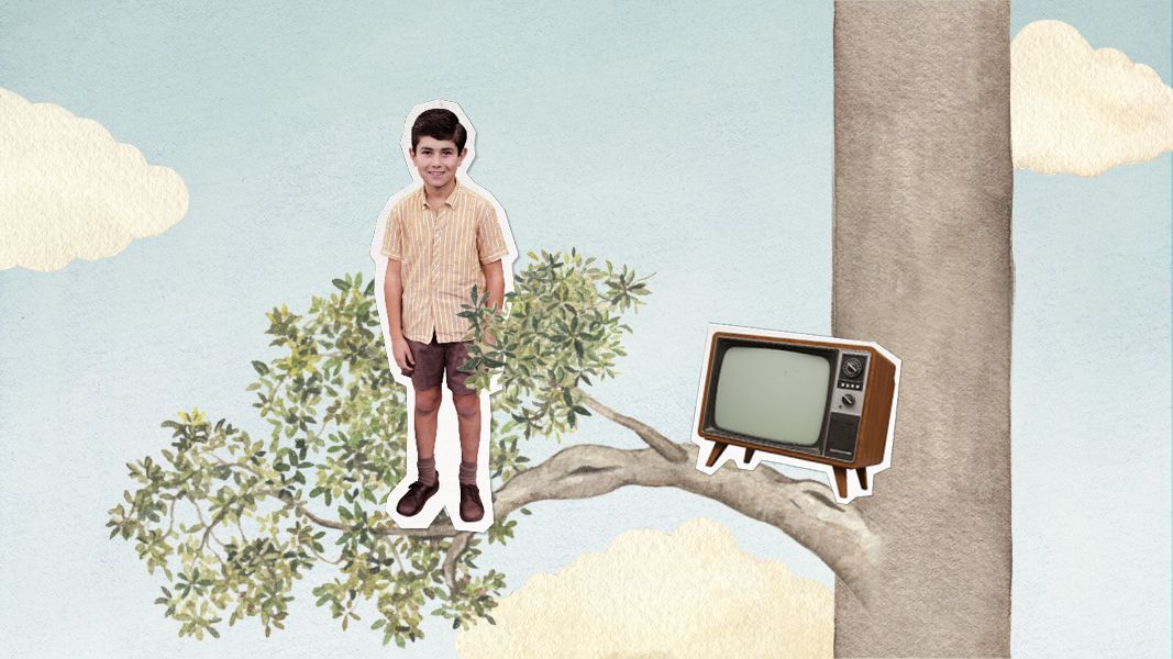 A young boy stands on a leafy branch of a tree, smiling and wearing a striped shirt and shorts. Nearby, a retro television set is perched on another branch, set against a backdrop of a light blue sky with fluffy clouds.