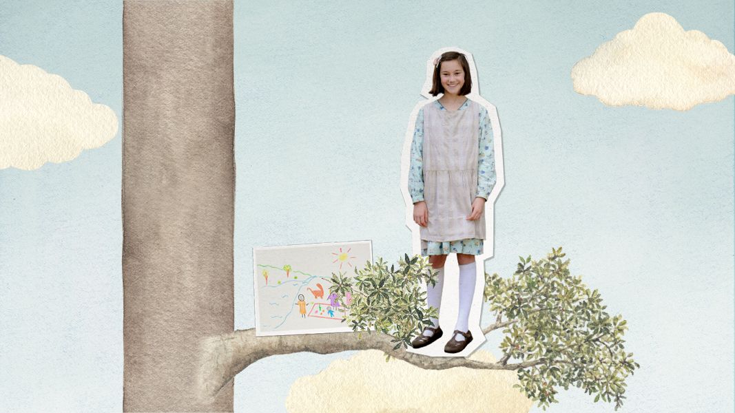 A young girl stands confidently on a tree branch, wearing a light dress and knee-high socks, with a cheerful smile. Beside her is a colorful drawing on paper, depicting a bright scene of nature with simple figures and sunshine, set against a whimsical backdrop of soft clouds and a blue sky.
