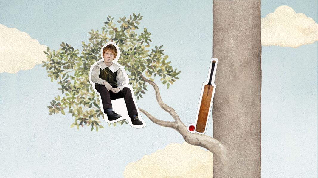 A young boy dressed in historical clothing sits on a thick branch of a tree, surrounded by green leaves. Next to him in the tree, a cricket bat leans against the trunk, with a red ball positioned nearby, set against a soft blue sky with fluffy clouds.