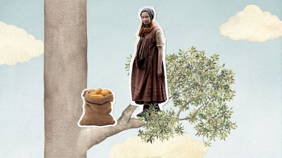 A girl in a brown dress stands on a tree branch, looking down. Next to her is a burlap sack filled with oranges, set against a sky with soft clouds.