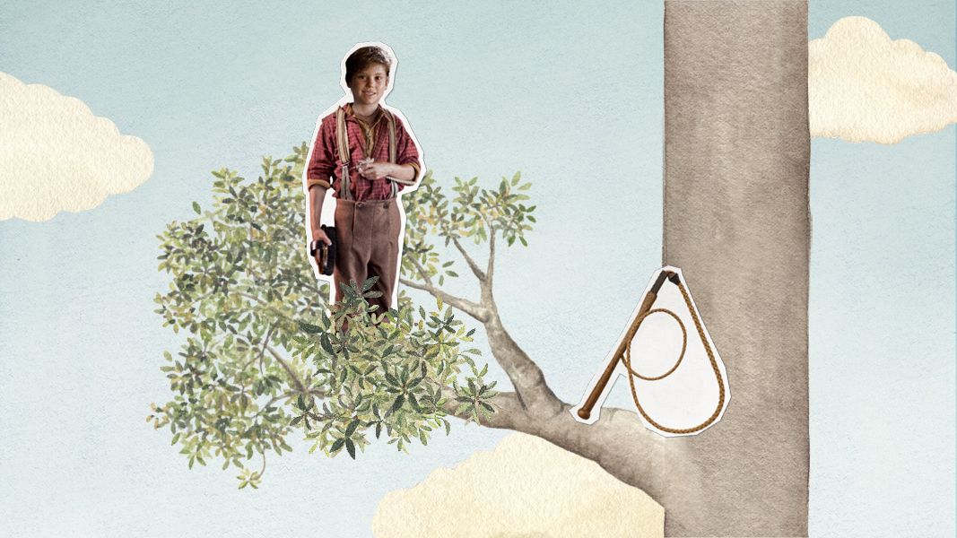 A young boy stands confidently on a tree branch, wearing a red shirt and brown pants, with a small device in his hand. The background features a pale blue sky with soft clouds and a tree trunk, alongside a simple illustration of a slingshot resting against the tree.