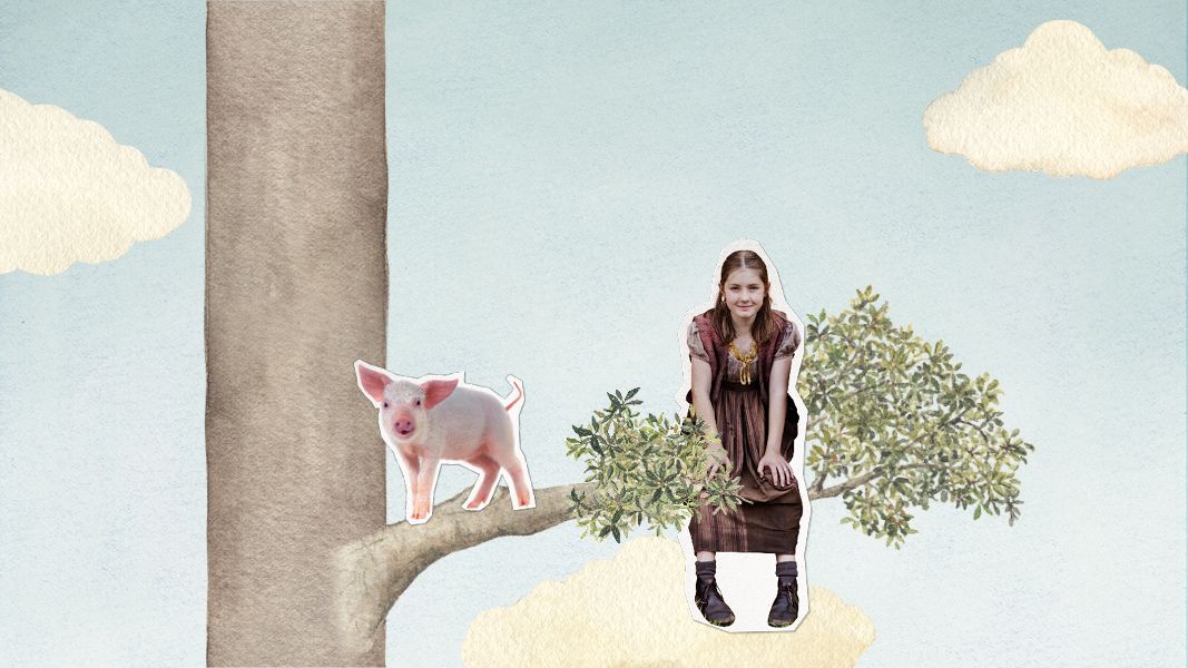 A young girl sits on a tree branch, wearing a brown dress and black shoes, with a playful expression. Next to her, a small pink pig is perched on the same branch, surrounded by green leaves, against a soft blue sky with fluffy clouds.