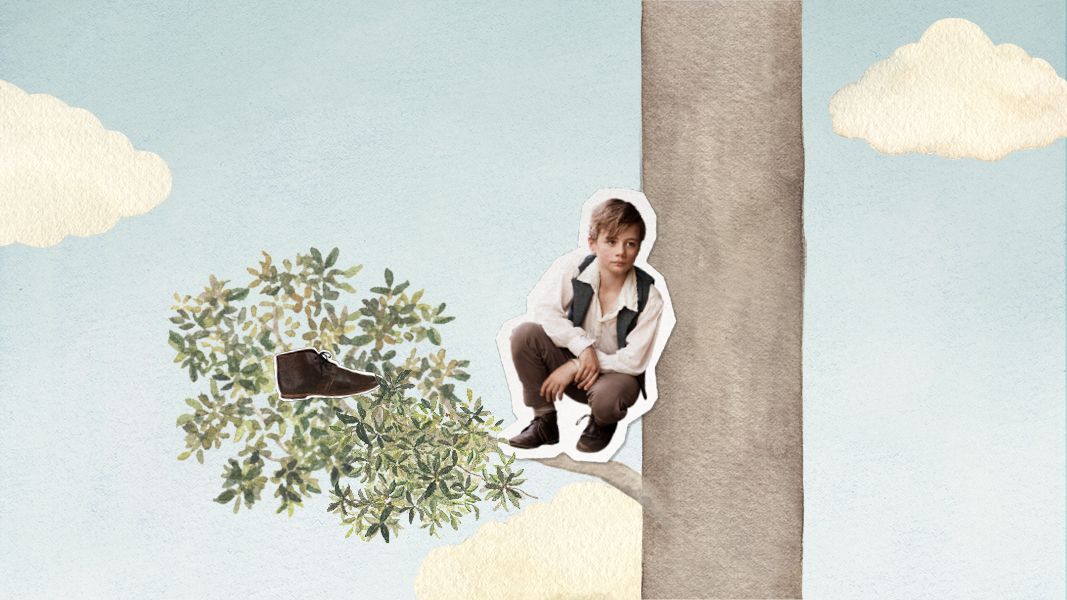 A young boy with tousled hair sits perched on a tree branch, looking contemplative. Nearby, a boot rests amidst lush green leaves, with a bright blue sky and soft clouds in the background, creating a whimsical atmosphere.