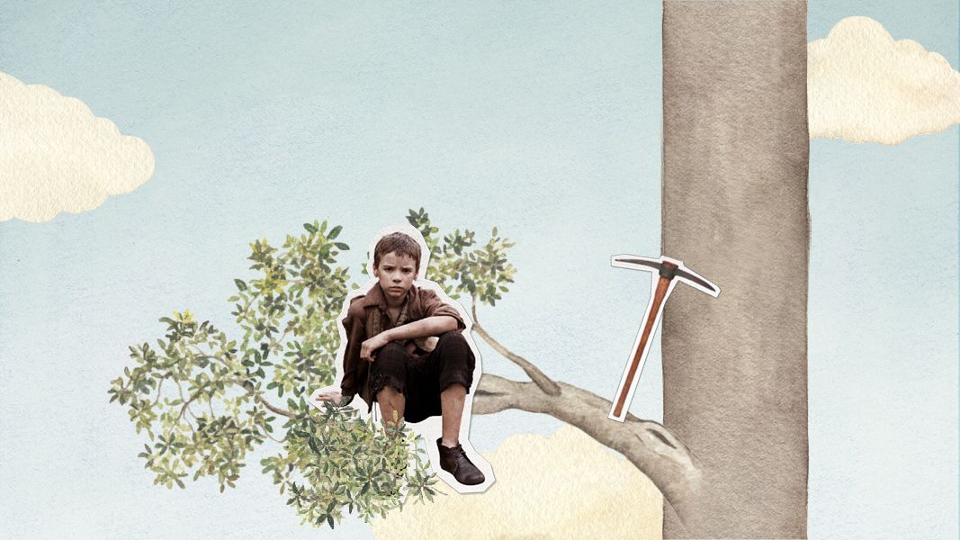 A young boy sits on a branch, looking pensively towards the viewer, with a tree trunk beside him. A pickaxe rests against the tree, and the background features a blue sky with clouds and stylized foliage.