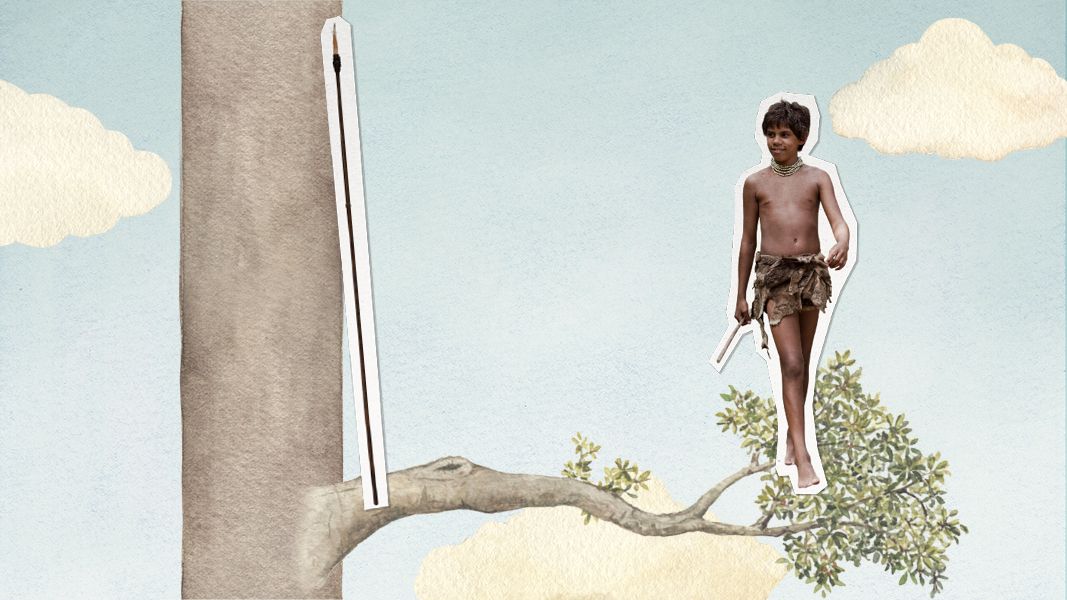 A young boy with short hair stands on a tree branch, wearing simple clothing made of natural materials and holding a tool in one hand. The background features a stylized, light blue sky with fluffy clouds and a tall tree trunk.