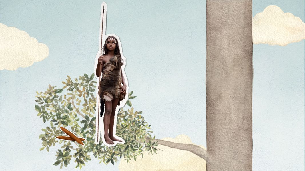 A child dressed in a fur garment stands confidently on a tree branch, holding a spear. The background features a light blue sky with fluffy white clouds and stylized green leaves, creating a whimsical atmosphere.